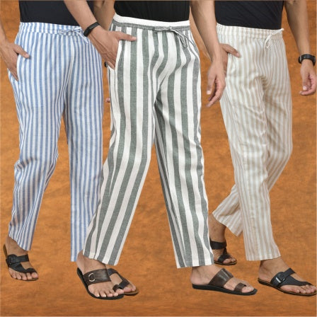 COMBO OF 3 MEN STRIPE COTTON HANDLOOM PANT GRAY BEIGE AND BLUE