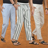 COMBO OF 3 MEN STRIPE COTTON HANDLOOM PANT GRAY BEIGE AND BLUE
