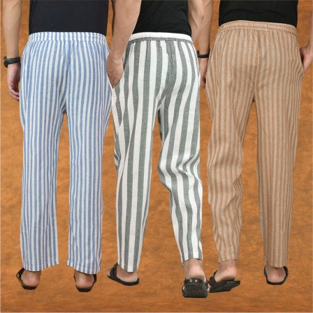 COMBO OF 3 MEN STRIPE COTTON HANDLOOM PANT GRAY BEIGE AND BLUE