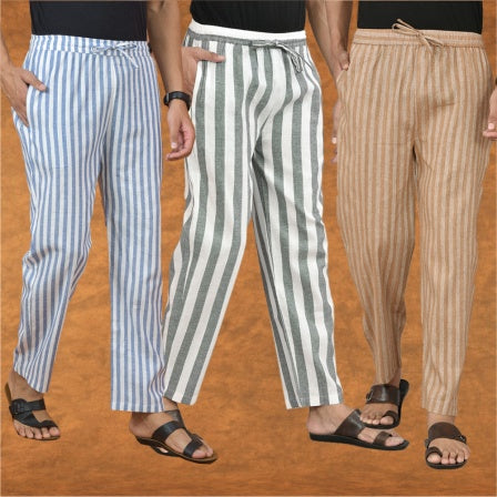 COMBO OF 3 MEN STRIPE COTTON HANDLOOM PANT GRAY BEIGE AND BLUE