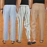 COMBO OF 3 MEN STRIPE COTTON HANDLOOM PANT GRAY BEIGE AND BLUE