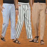 COMBO OF 3 MEN STRIPE COTTON HANDLOOM PANT GRAY BEIGE AND BLUE
