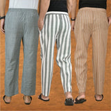 COMBO OF 3 MEN STRIPE COTTON HANDLOOM PANT GRAY BEIGE AND GRAY