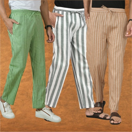 COMBO OF 3 MEN STRIPE COTTON HANDLOOM PANT GRAY BEIGE AND OLIVE GREEN