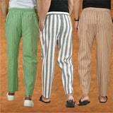 COMBO OF 3 MEN STRIPE COTTON HANDLOOM PANT GRAY BEIGE AND OLIVE GREEN