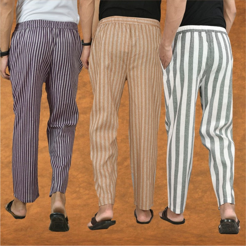 COMBO OF 3 MEN STRIPE COTTON HANDLOOM PANT GRAY BEIGE AND PURPLE