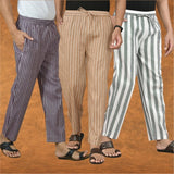 COMBO OF 3 MEN STRIPE COTTON HANDLOOM PANT GRAY BEIGE AND PURPLE