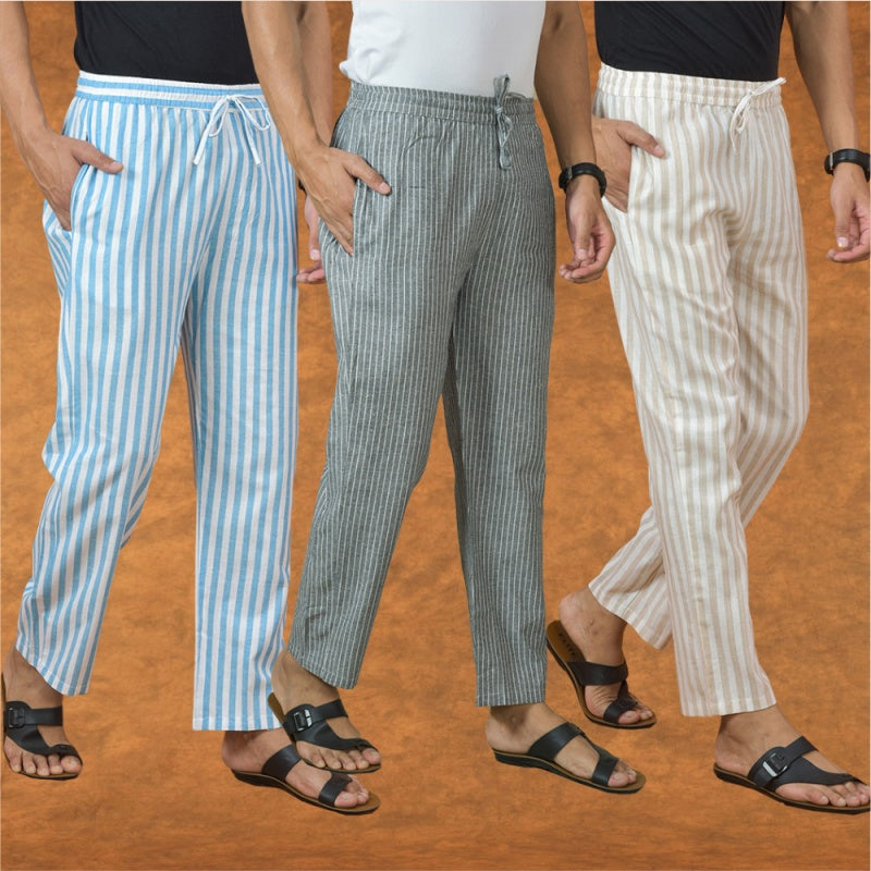 COMBO OF 3 MEN STRIPE COTTON HANDLOOM PANT GRAY BEIGE AND SKY BLUE