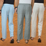 COMBO OF 3 MEN STRIPE COTTON HANDLOOM PANT GRAY BEIGE AND SKY BLUE