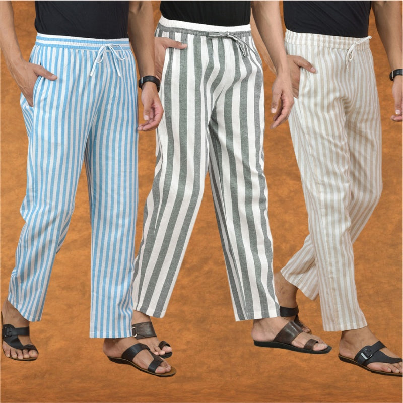 COMBO OF 3 MEN STRIPE COTTON HANDLOOM PANT GRAY BEIGE AND SKY BLUE