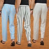COMBO OF 3 MEN STRIPE COTTON HANDLOOM PANT GRAY BEIGE AND SKY BLUE