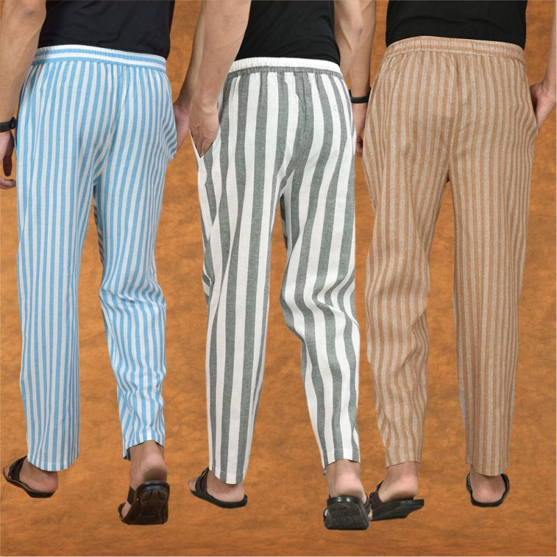 COMBO OF 3 MEN STRIPE COTTON HANDLOOM PANT GRAY BEIGE AND SKY BLUE