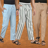 COMBO OF 3 MEN STRIPE COTTON HANDLOOM PANT GRAY BEIGE AND SKY BLUE
