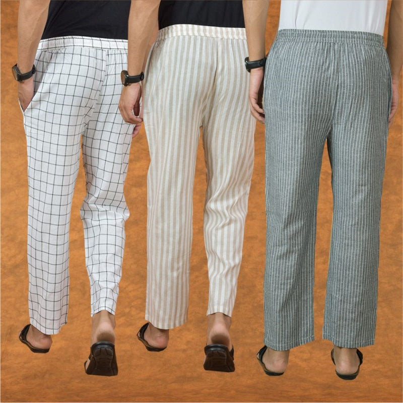 COMBO OF 3 MEN STRIPE COTTON HANDLOOM PANT GRAY BLACK AND WHITE