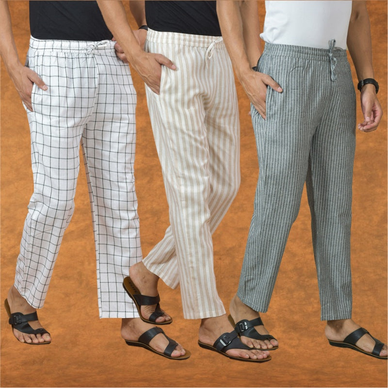 COMBO OF 3 MEN STRIPE COTTON HANDLOOM PANT GRAY BLACK AND WHITE