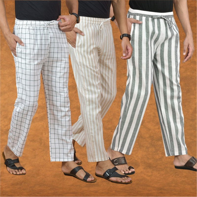 COMBO OF 3 MEN STRIPE COTTON HANDLOOM PANT GRAY BEIGE AND WHITE