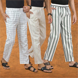 COMBO OF 3 MEN STRIPE COTTON HANDLOOM PANT GRAY BEIGE AND WHITE