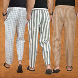 COMBO OF 3 MEN STRIPE COTTON HANDLOOM PANT GRAY BEIGE AND WHITE