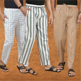 COMBO OF 3 MEN STRIPE COTTON HANDLOOM PANT GRAY BEIGE AND WHITE
