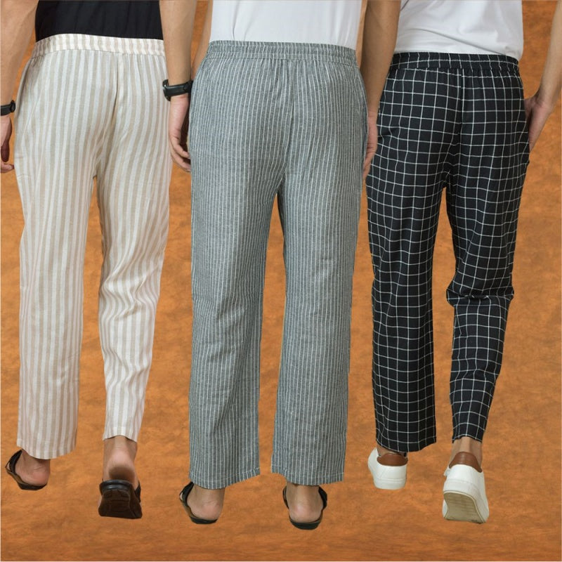 COMBO OF 3 MEN STRIPE COTTON HANDLOOM PANT GRAY BLACK AND BEIGE
