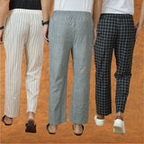 COMBO OF 3 MEN STRIPE COTTON HANDLOOM PANT GRAY BLACK AND BEIGE