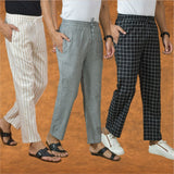 COMBO OF 3 MEN STRIPE COTTON HANDLOOM PANT GRAY BLACK AND BEIGE