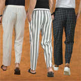 COMBO OF 3 MEN STRIPE COTTON HANDLOOM PANT GRAY BLACK AND BEIGE