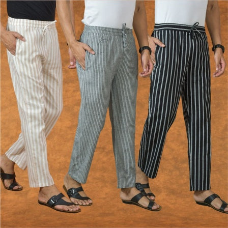 COMBO OF 3 MEN STRIPE COTTON HANDLOOM PANT GRAY BLACK AND BEIGE