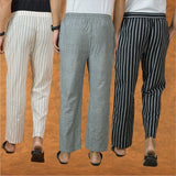 COMBO OF 3 MEN STRIPE COTTON HANDLOOM PANT GRAY BLACK AND BEIGE