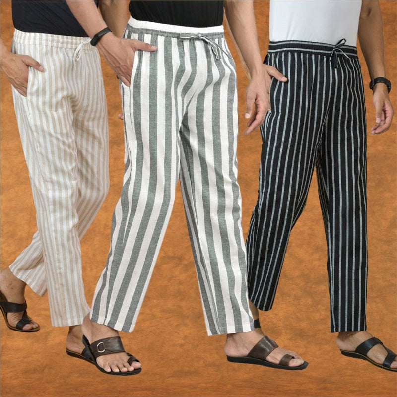 COMBO OF 3 MEN STRIPE COTTON HANDLOOM PANT GRAY BLACK AND BEIGE
