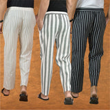 COMBO OF 3 MEN STRIPE COTTON HANDLOOM PANT GRAY BLACK AND BEIGE