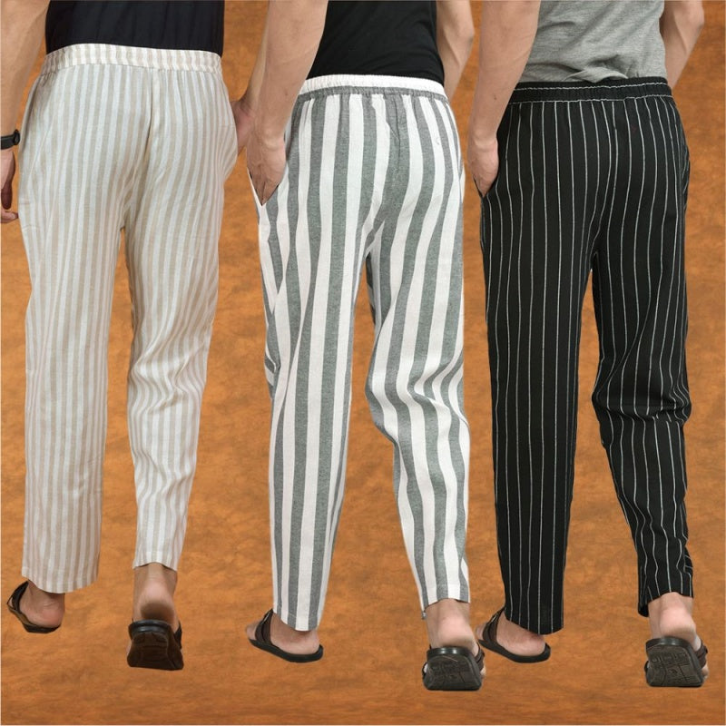COMBO OF 3 MEN STRIPE COTTON HANDLOOM PANT GRAY BLACK AND BEIGE