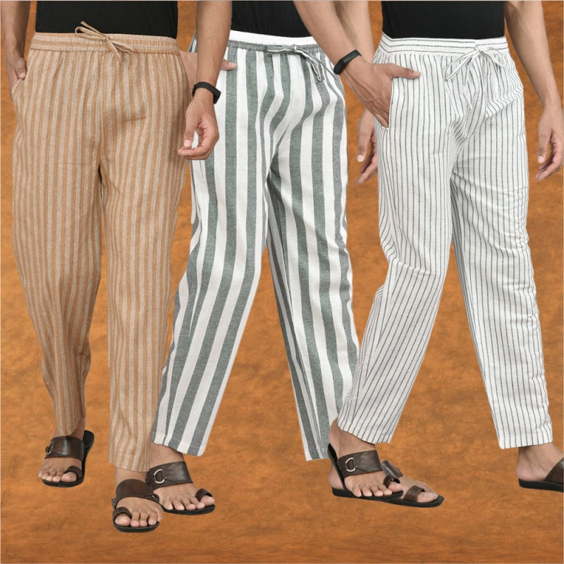 COMBO OF 3 MEN STRIPE COTTON HANDLOOM PANT GRAY BLACK AND BEIGE