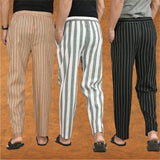 COMBO OF 3 MEN STRIPE COTTON HANDLOOM PANT GRAY BLACK AND BEIGE
