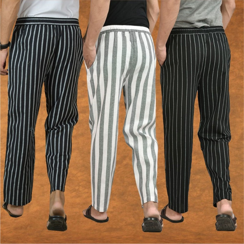COMBO OF 3 MEN STRIPE COTTON HANDLOOM PANT GRAY BLACK AND BLACK