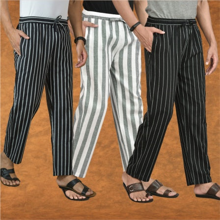COMBO OF 3 MEN STRIPE COTTON HANDLOOM PANT GRAY BLACK AND BLACK