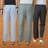 COMBO OF 3 MEN STRIPE COTTON HANDLOOM PANT GRAY BLACK AND BLUE