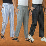 COMBO OF 3 MEN STRIPE COTTON HANDLOOM PANT GRAY BLACK AND BLUE