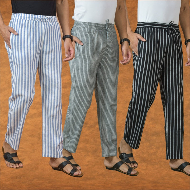 COMBO OF 3 MEN STRIPE COTTON HANDLOOM PANT GRAY BLACK AND BLUE-15239