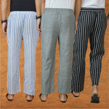 COMBO OF 3 MEN STRIPE COTTON HANDLOOM PANT GRAY BLACK AND BLUE-15239