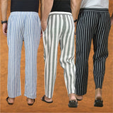 COMBO OF 3 MEN STRIPE COTTON HANDLOOM PANT GRAY BLACK AND BLUE
