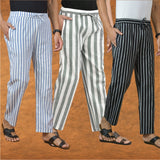 COMBO OF 3 MEN STRIPE COTTON HANDLOOM PANT GRAY BLACK AND BLUE