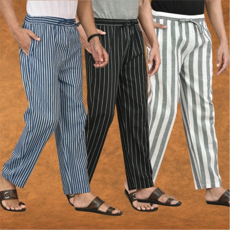 COMBO OF 3 MEN STRIPE COTTON HANDLOOM PANT GRAY BLACK AND BLUE