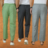 COMBO OF 3 MEN STRIPE COTTON HANDLOOM PANT GRAY BLACK AND OLIVE GREEN