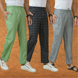 COMBO OF 3 MEN STRIPE COTTON HANDLOOM PANT GRAY BLACK AND OLIVE GREEN