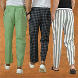 COMBO OF 3 MEN STRIPE COTTON HANDLOOM PANT GRAY BLACK AND OLIVE GREEN