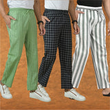 COMBO OF 3 MEN STRIPE COTTON HANDLOOM PANT GRAY BLACK AND OLIVE GREEN