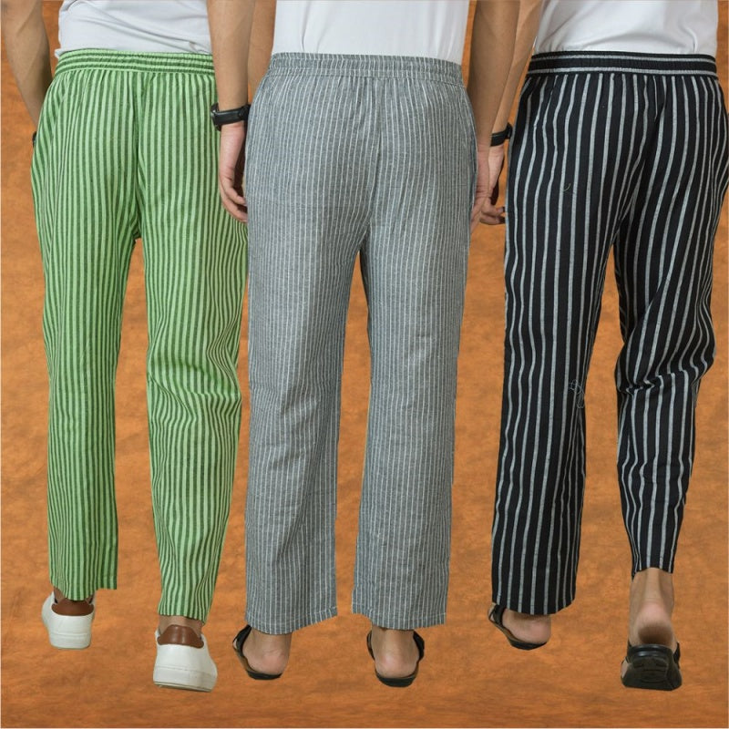 COMBO OF 3 MEN STRIPE COTTON HANDLOOM PANT GRAY BLACK AND OLIVE GREEN
