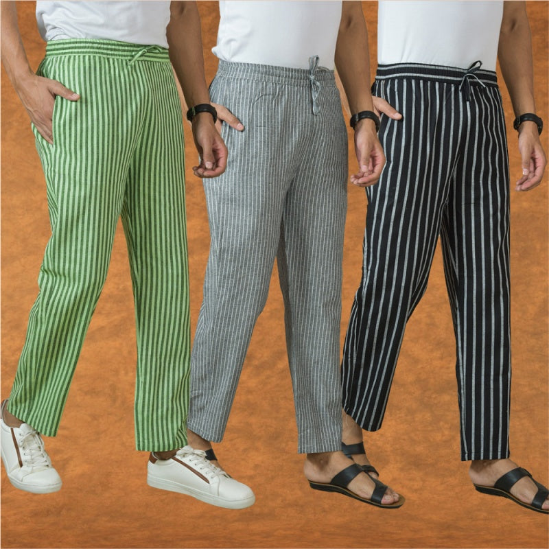 COMBO OF 3 MEN STRIPE COTTON HANDLOOM PANT GRAY BLACK AND OLIVE GREEN
