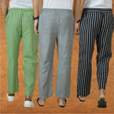 COMBO OF 3 MEN STRIPE COTTON HANDLOOM PANT GRAY BLACK AND OLIVE GREEN